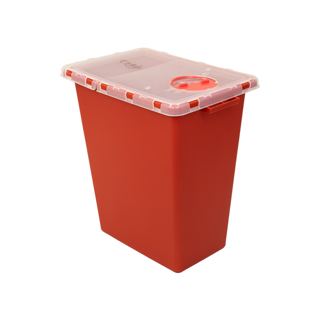 The Dynarex Sharps Containers are red plastic units with clear, snap-on lids featuring circular openings and a twist mechanism, designed for safe disposal of sharps or medical items and secure handling in clinical environments.